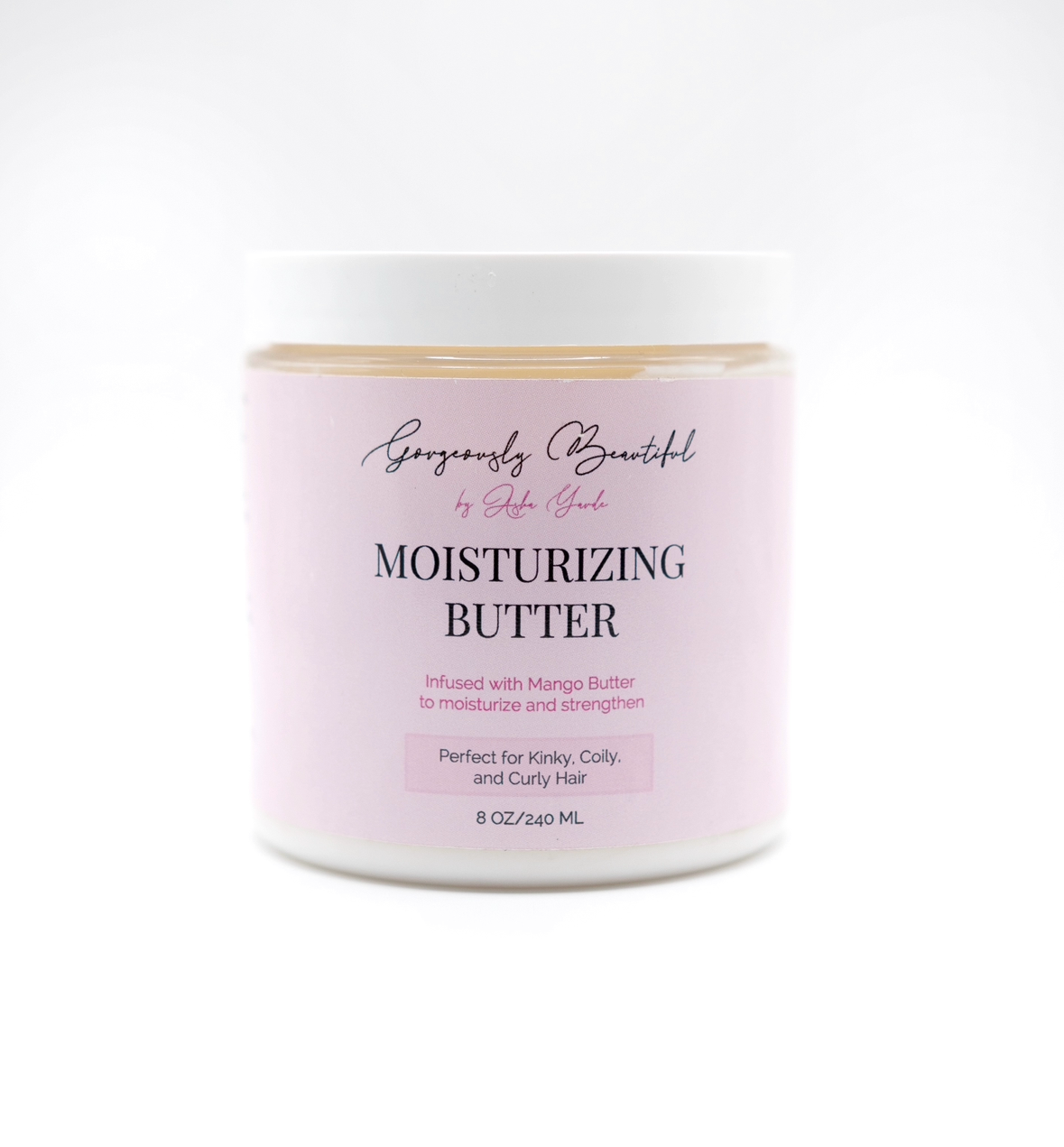 A white plastic jar of Gorgeously Beautiful by Sophie Gable Moisturizing Butter with a light pink label, set against a clean white background.