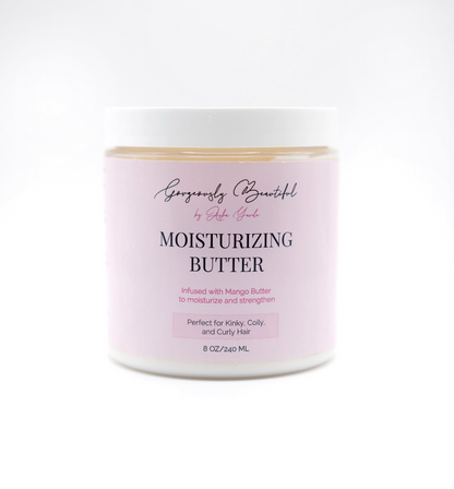 A white plastic jar of Gorgeously Beautiful by Sophie Gable Moisturizing Butter with a light pink label, set against a clean white background.