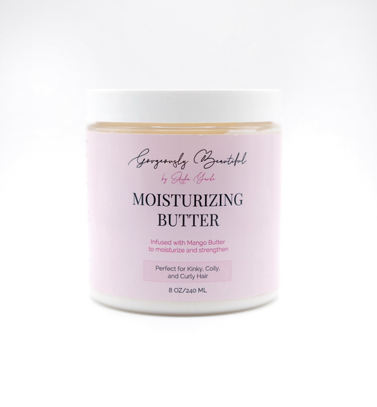 A white plastic jar of Gorgeously Beautiful by Sophie Gable Moisturizing Butter with a light pink label, set against a clean white background.